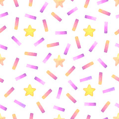 confetti and star hand painted watercolor seamless pattern.