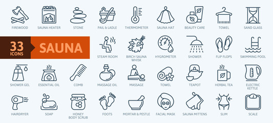 Sauna elements - thin line web icon set. Outline icons collection. Simple vector illustration. - 295832085