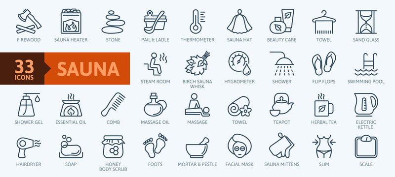 Sauna elements - thin line web icon set. Outline icons collection. Simple vector illustration.