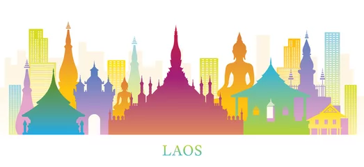 Fotobehang Laos Skyline Landmarks Colorful Silhouette Background © muchmania