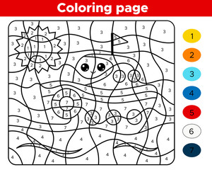 Number coloring page for preschool children. Cute cartoon kawaii ship. Learn numbers and colors. Educational game.