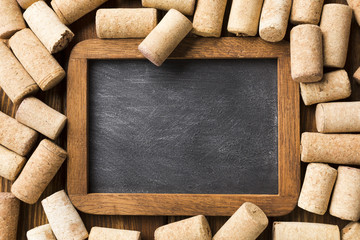 Close-up top view blackboard with corks