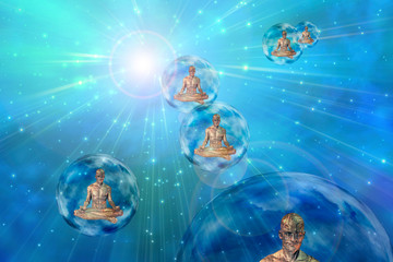Cyborgs meditation. Robots meditates in transparent spheres