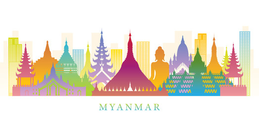 Myanmar Skyline Landmarks Colorful Silhouette Background