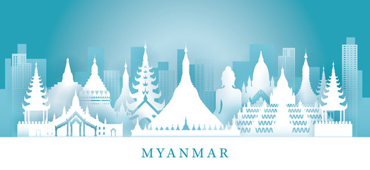 Myanmar Skyline Landmarks in Paper Cutting Style - obrazy, fototapety, plakaty