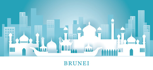 Brunei Skyline Landmarks in Paper Cutting Style - obrazy, fototapety, plakaty