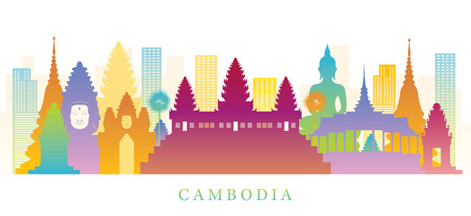Cambodia Skyline Landmarks Colorful Silhouette Background