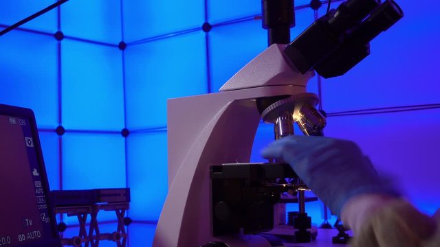 Microscope in science laboratory. Research of material structure