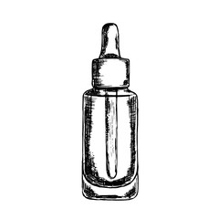 Vector hand drawn dropper bottle for medical or cosmetic fluid, serum, drops, oil. Isolated on white background. Sketched mockup of cosmetic package.