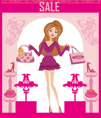 Smiling woman in pink dress on fashion shopping