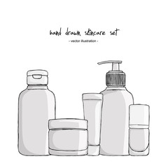 Set of hand drawn cosmetic bottles and packaging for skin care. Containers and tubes for cream, tooth paste, serum, nail polish, dropper bottle for medical or cosmetic fluid, serum, drops, oil.Vector.