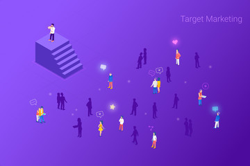 Target focus group audience for Advertising PR Marketing Isometric Flat vector illustration concept. Targeting in Crowd of People.