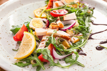 Tasty salad on plate, closeup