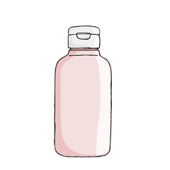 Vector hand drawn bottle for lotion, shanpoo, conditioner. Isolated on white background. Sketched mockup of cosmetic package. Pink color.