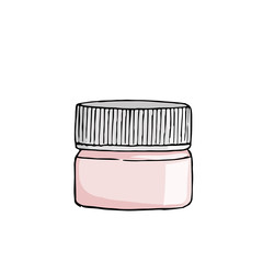 Vector hand drawn cosmetic container for cream. Isolated on white background. Sketched mockup of cosmetic package. Pink.