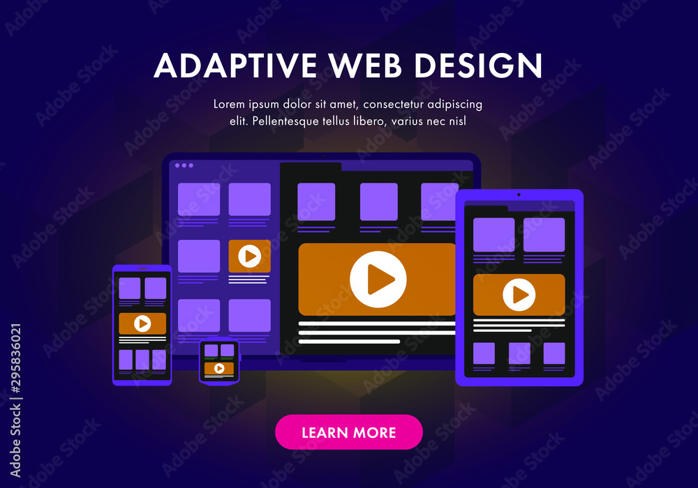 Poster adaptive and scalable responsive web design for website. modern flat concept illustration with lapto
