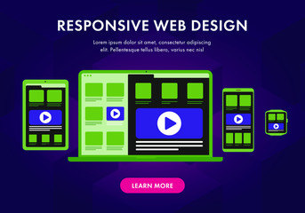 Responsive web design flat vector illustration. UI flat design in trendy color, seo concept with gadgets - laptop, smartphone, tablet and smart watch icon. For website template, landing page or banner