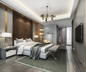 3d rendering beautiful luxury bedroom suite in hotel with tv and working table 