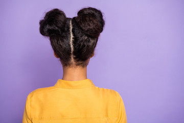 Rear behind view photo of pretty dark skin lady turned back showing amazing hairstyle after...