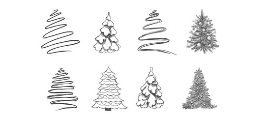 Obraz premium Christmas tree set. Hand drawn illustration.