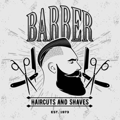 Barbershop poster, banner template with hipster face. Vector illustration