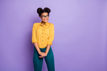 Photo of amazing pretty dark skin lady beaming smiling looking empty space interested wear specs...