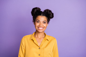 Closeup photo of amazing pretty dark skin lady in perfect mood beaming smiling on camera wear yellow shirt isolated on purple color background