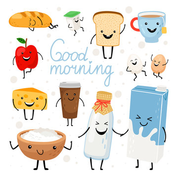Dairy products kawaii flat vector illustrations set. Milk bottle, tea cup, cheese with cute smiling faces cliparts pack. Healthy breakfast meal ingredients. Fresh apple, yogurt design elements