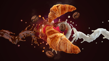 Fresh hot aroma black coffee, espresso, americano 3D splash with fresh crispy croissants, milk or cream splash on dark background. Coffee with milk, latte, cappuccino, french croissants label design