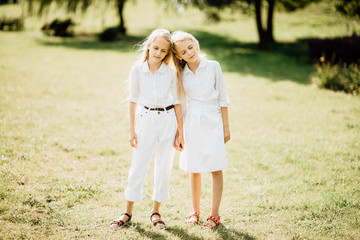 Fototapeta premium little children play in the park, two girls with long hair have rest outdoors