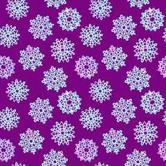 Snowflakes collection, cut out shape with blue splashes color palette, hand painted watercolor illustration seamless pattern design on purple background