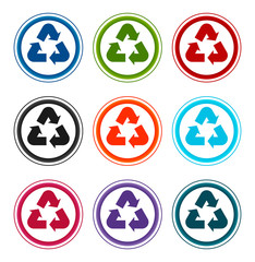 Recycle symbol icon flat round buttons set illustration design