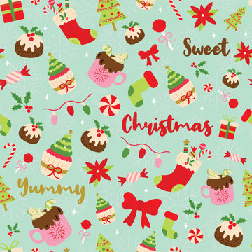 Christmas seamless pattern with sweet desserts, hot chocolate, candies, lights, christmas tree, ribbon, poinsettia, mistletoe and lettering on snowflakes background. Cute holiday vector illustration.