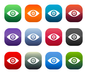 Eye icon shiny square buttons set illustration design