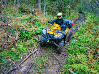 Riding an ATV. Quadricycle. Quad bike Off-road ATV ride. A man driving an quadricycle. Adrenalin. ATV to sins. Sports quadrocycle. Yellow quad bike in the forest. Leisure. Forest holidays. © Grispb