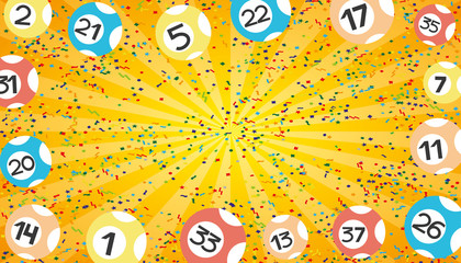 Orange lottery banner with lottery balls and free space for text.