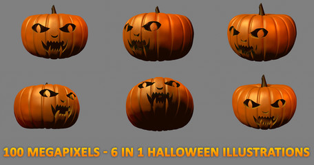 6 high detail isolated carved pumpkins for Halloween - scary vampire face, 100 megapixels 3D illustration of objects
