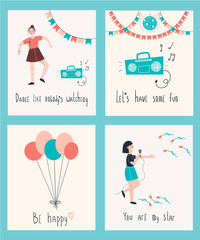 Collection of cards. Set with balloons, dancing girl, singing girl. Perfect for postcards. Vector illustration.