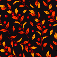 Floral seamless pattern with autumn branches, leaves and berries on dark red background. Autumn design for fabric, wallpaper, textile, package, tablecloth, web design.