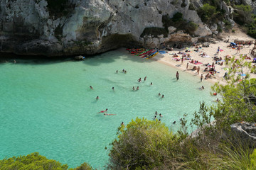 Beautiful beach with turquoise water in bay Cala Macarelleta on Menorca
