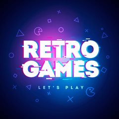 Vector Illustration Retro Games Neon Sign. Game Logo With Glitch Effect.