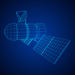 Space station communications satellite. Wireframe low poly mesh vector illustration.