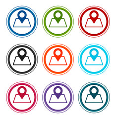 Map point icon flat round buttons set illustration design