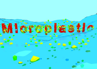 Microplastic in the seas pollution small particles pollute the world. 3d rendering Illustration.