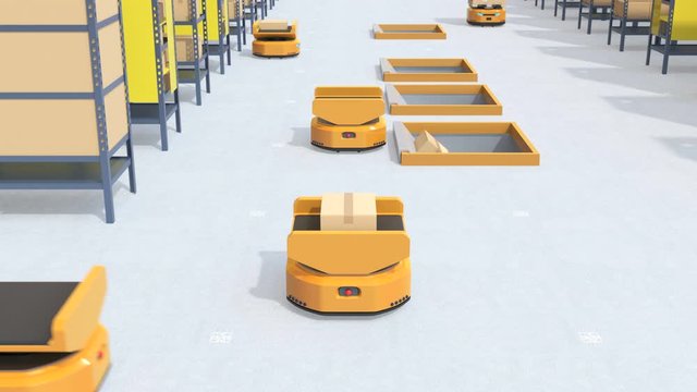 Autonomous Mobile Robot dropping parcel to delivery tunnel in first person view ( POV ). Warehouse automation concept. 3D rendering animation.