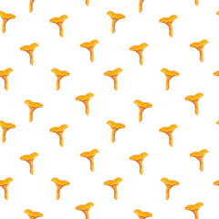 Fototapeta premium seamless chanterelle mushroom pattern on white backdrop. realistic orange edible mushroom background. cartoon chanterelle mushroom template for print, package decor, wrapping paper, backgrounds.