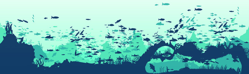 Silhouette of fish and algae on the background of reefs. Underwater ocean scene. Deep blue water, coral reef and underwater plants. a beautiful underwater scene  a vector seascape with reef. © Евгений Соловьев
