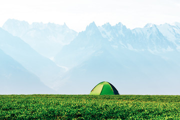 Green tent on amazing meadow in summer mountains. Landscape photography, travel concept