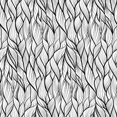 Abstract tangled leaves seamless pattern. Black and white wavy striped background. Endless backdrop. Vector illustration.