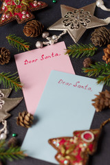 Christmas composition. Letters to Santa with Christmas and New Year decoration. Xmas card